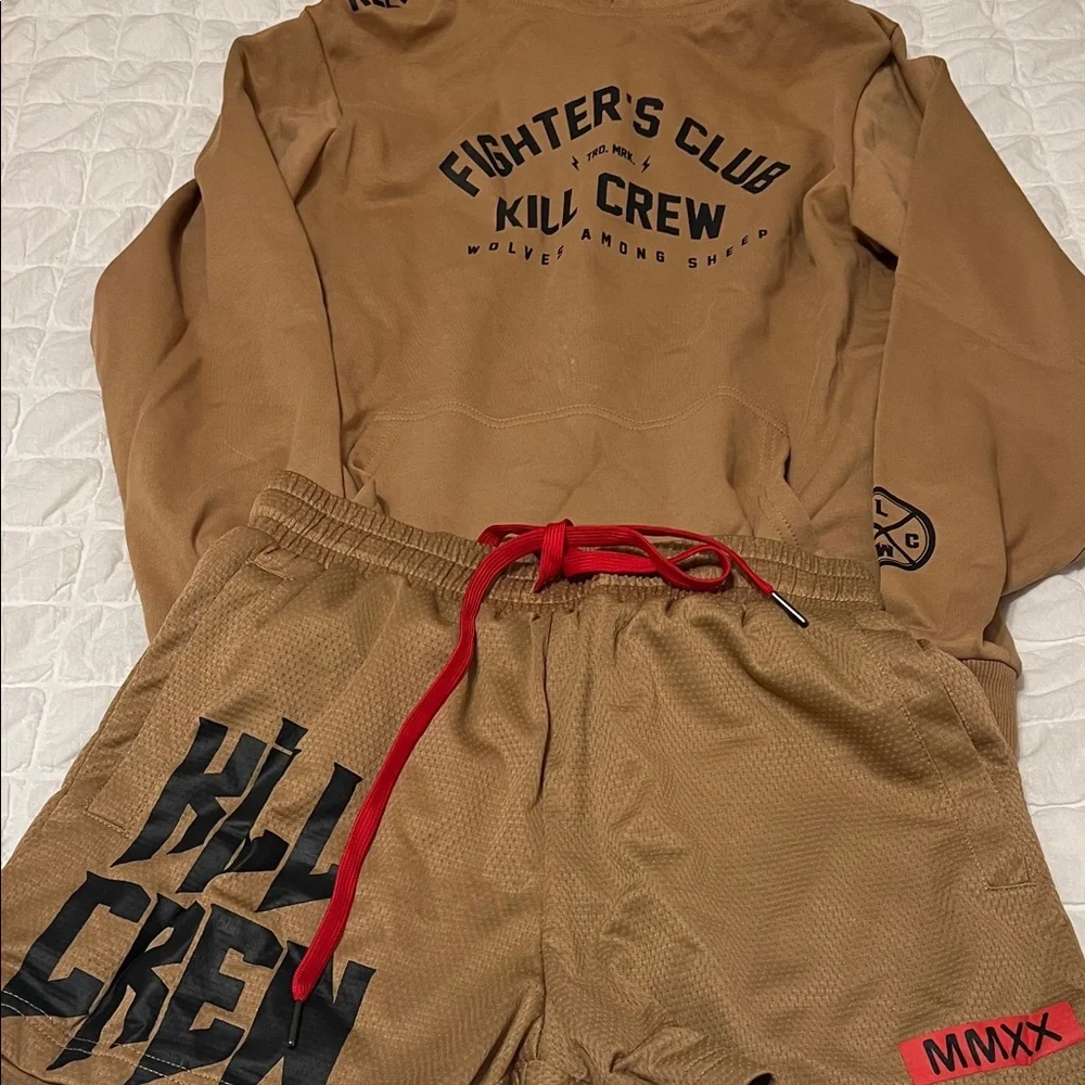 Kill Crew Brown Sweatshirt & Shorts Set with Red Drawstring